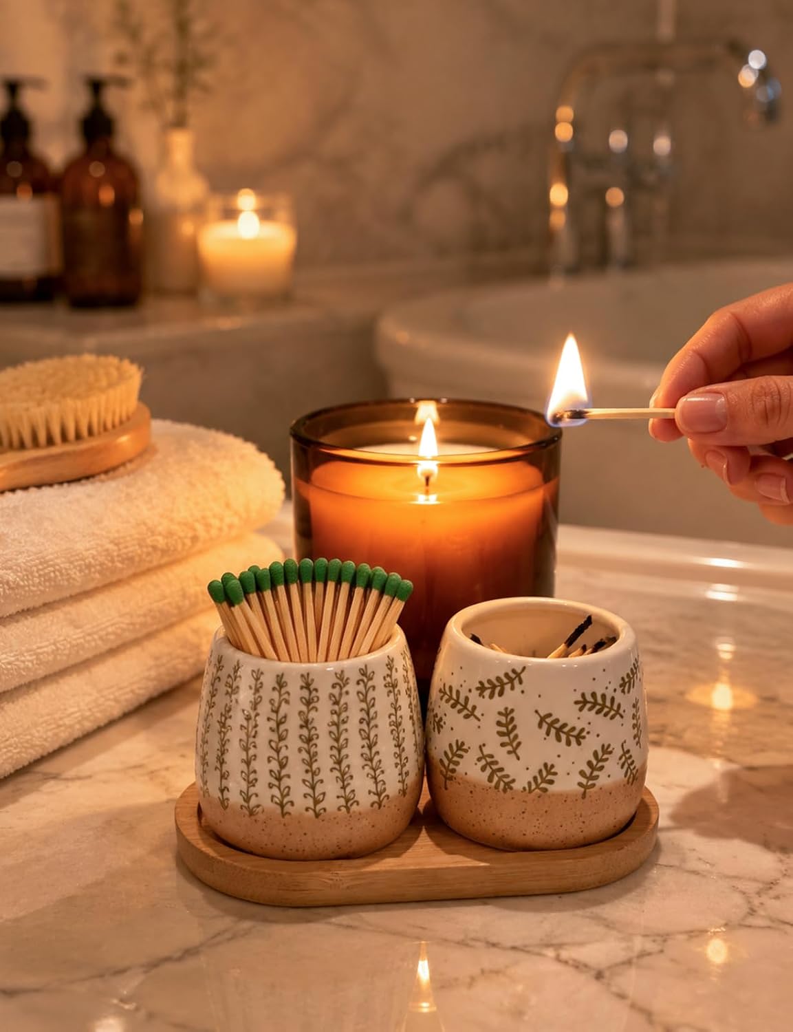 Set of 2 Hand-Drawn Botanical Ceramic Match Holders with Striker – Scandinavian Line Art Fern & Vine Pattern, Mini Matchstick Jar for Kitchen Bathroom Candle Decor, Matches NOT Included