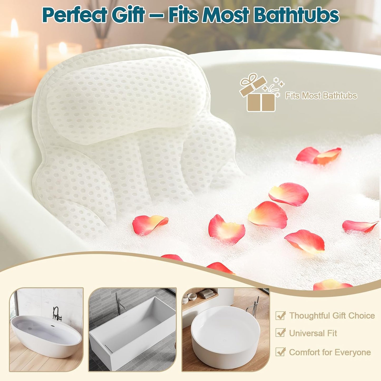 Small Bath Pillow – Bathtub Pillow with Head, Neck & Shoulder Support, Non-Slip Tub Pillow for Bathtub & Jacuzzi, Breathable Bath Tub Pillow with Wash Bag, Bath Accessories Gift for Women & Men