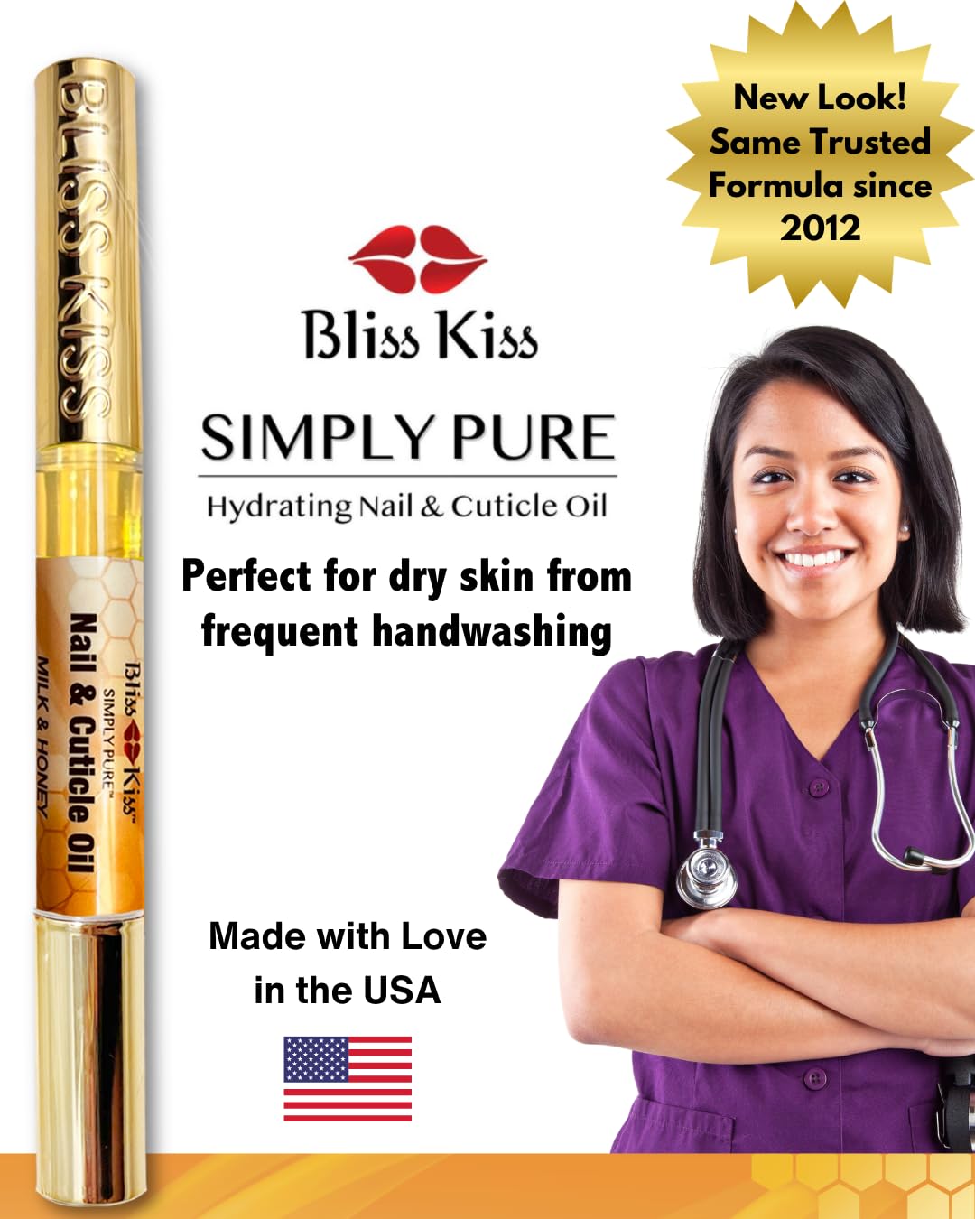 Bliss Kiss | 1 Milk & Honey | Nail Oil Cuticle Pen w/Vitamin E & Jojoba⏤Nail Strengthener Nail Growth Serum for Brittle Peeling Breaking Thin Nails