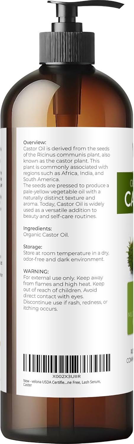 velona USDA Certified Organic Castor Oil - 16 fl oz (With Pump) | For Hair, Eyelashes, Eyebrows | Cold pressed, Natural Oil, USP Grade | Hexane Free, Lash Serum, Caster