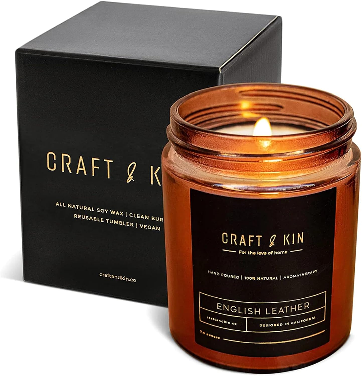Craft & Kin Premium English Leather Scented Candle – Long Lasting, 45 Hour Burn Time – Luxury Natural Soy Scented Candle – Room Decor and Aromatherapy – 8 oz