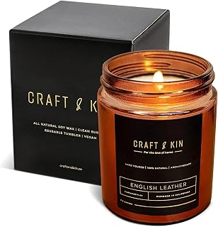 Craft & Kin Premium English Leather Scented Candle – Long Lasting, 45 Hour Burn Time – Luxury Natural Soy Scented Candle – Room Decor and Aromatherapy – 8 oz