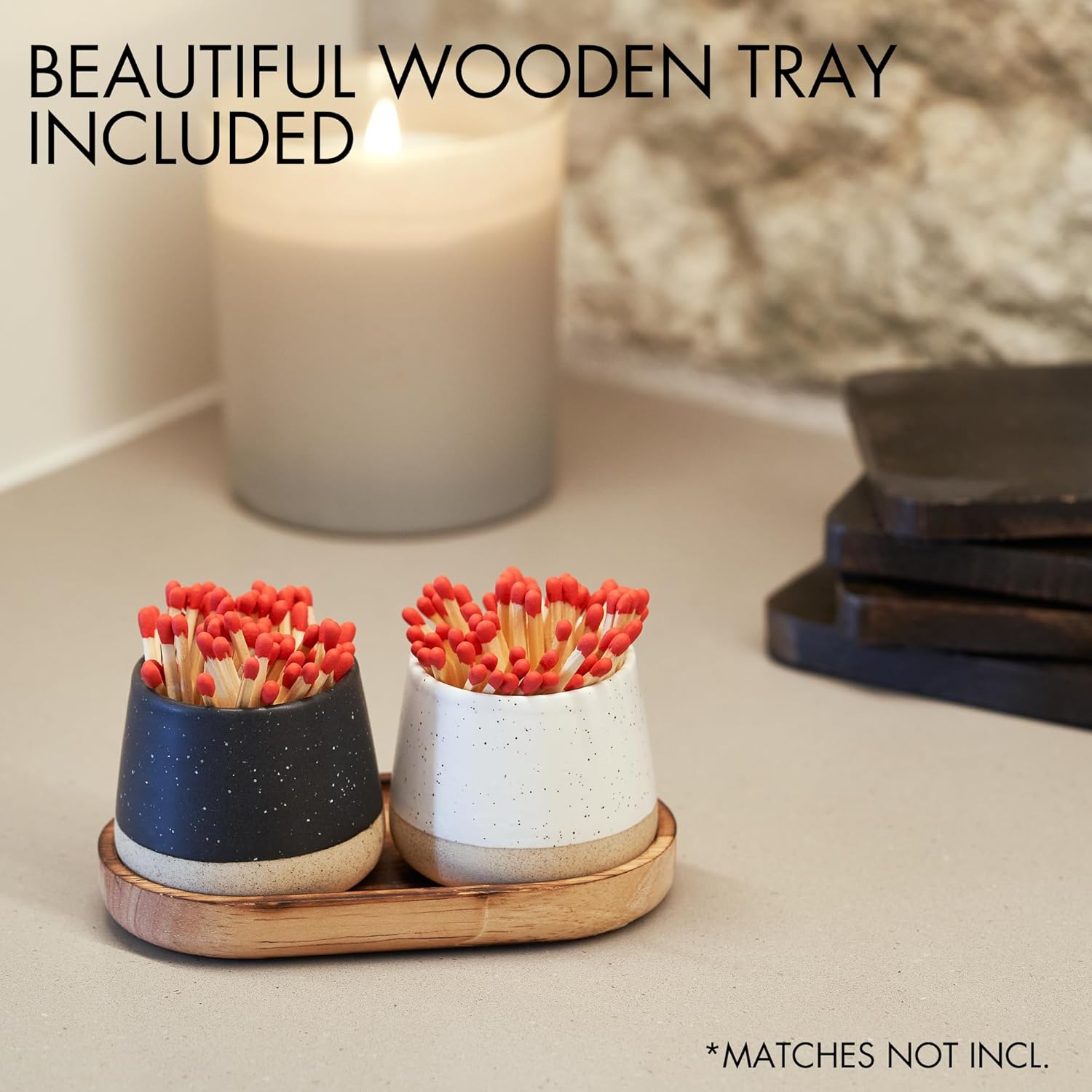 KIBAGA Decorative Ceramic Match Holder With Wooden Tray - Set of 2 Beautiful Matte Holders with Striker Are an Upgrade To Any Home Decor - Enhance Your Living Room With Cute Jars - Matches Not Incl.