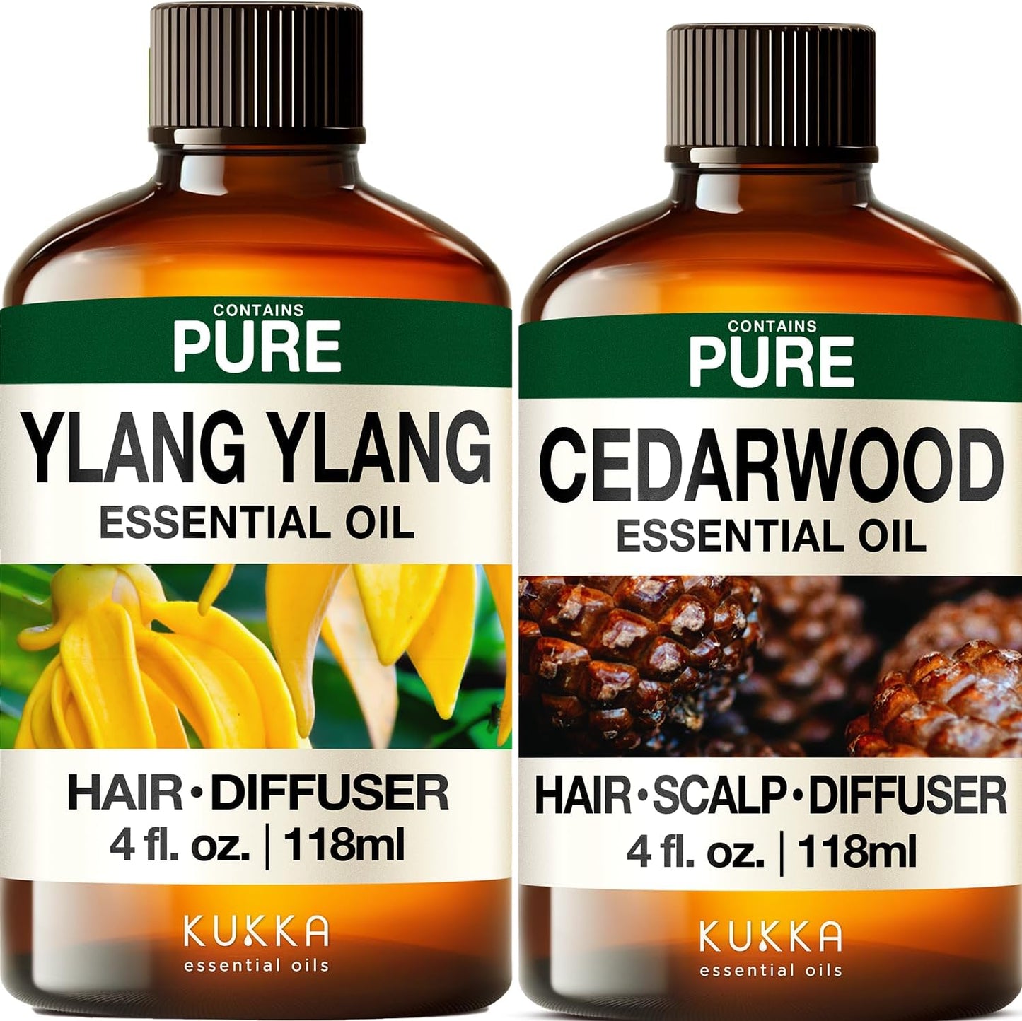 Ylang Ylang Essential Oil for Diffuser & Cedarwood Essential Oil for Hair Set - Aromatherapy Grade Essential Oils Set - 2x4 fl oz - Kukka