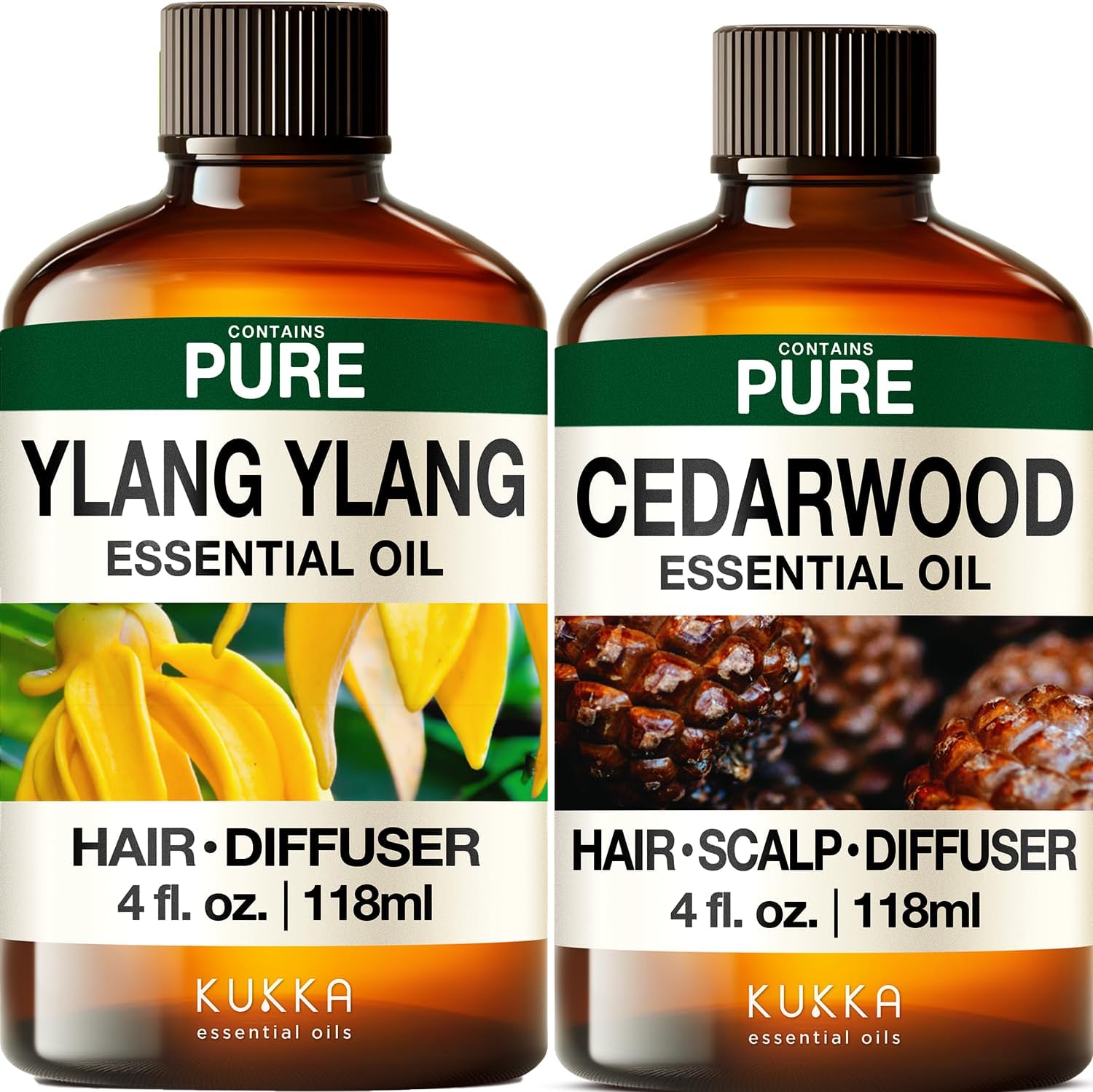 Ylang Ylang Essential Oil for Diffuser & Cedarwood Essential Oil for Hair Set - Aromatherapy Grade Essential Oils Set - 2x4 fl oz - Kukka