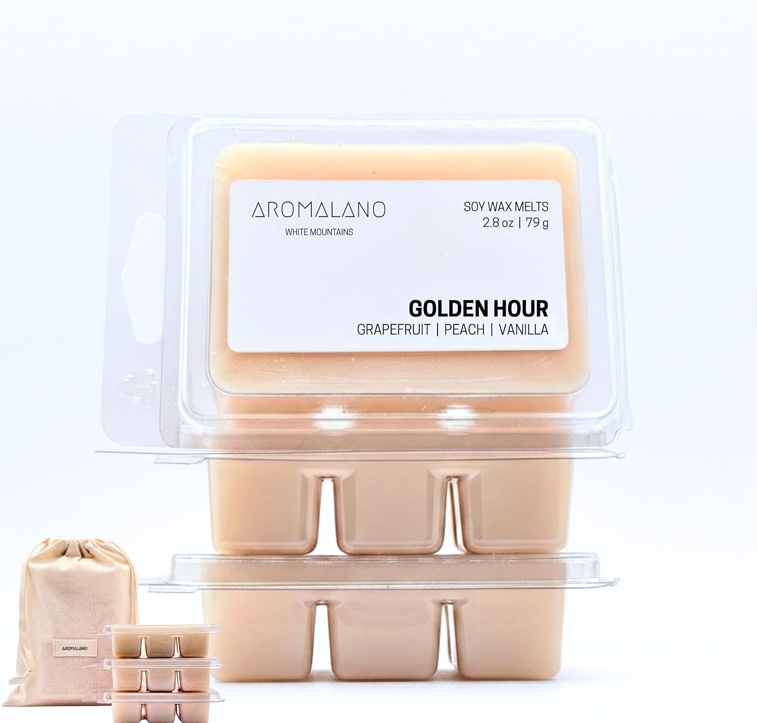 Hand-Poured Soy Wax Melts, Long Lasting Scented Cubes, 100% Natural Soy (Golden Hour: Grapefruit, Peach, Vanilla, 3-Pack with 6 Cubes Each)