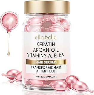 ELLA BELLA® Keratin Hair Serum with Argan Oil & Vitamins A, E, B5 – Anti-Frizz Hair Treatment & Night Repair – Hair Vitamins for Women for Smooth, Shiny, Frizz-Free Hair