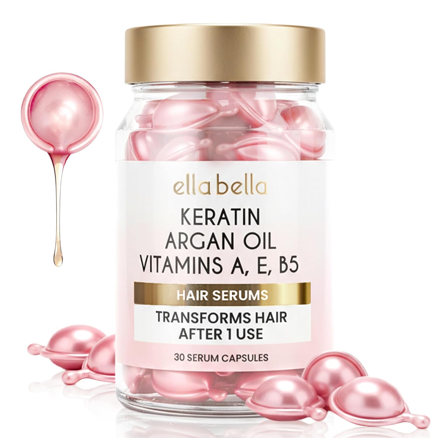 ELLA BELLA® Keratin Hair Serum with Argan Oil & Vitamins A, E, B5 – Anti-Frizz Hair Treatment & Night Repair – Hair Vitamins for Women for Smooth, Shiny, Frizz-Free Hair