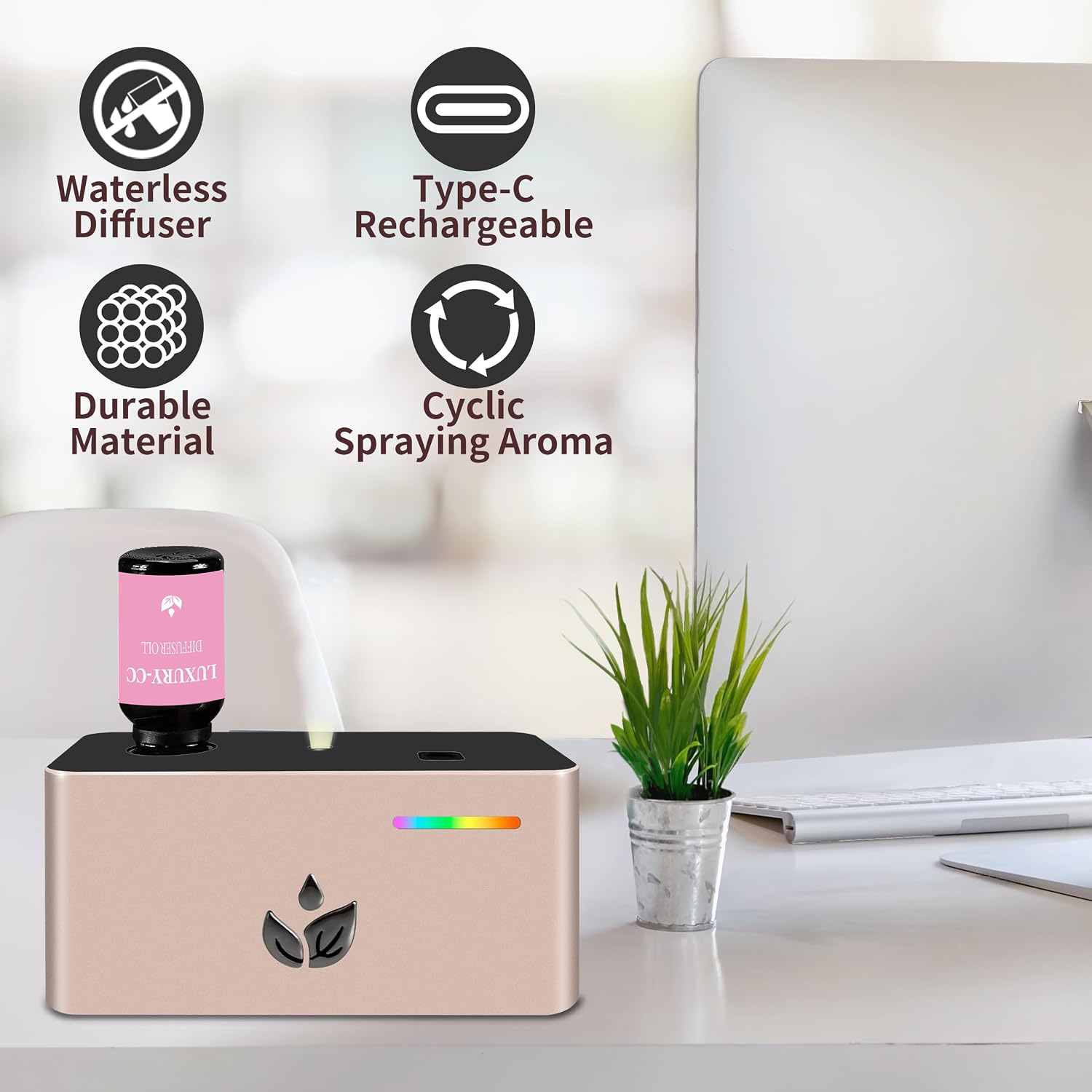 Waterless Diffuser, Essential Oil Diffuser with 6pcs Mixed Scent Fragrance Oils, Rechargeable Air Aromatherapy Diffuser with 3 Spray Modes for Home Office Hotel