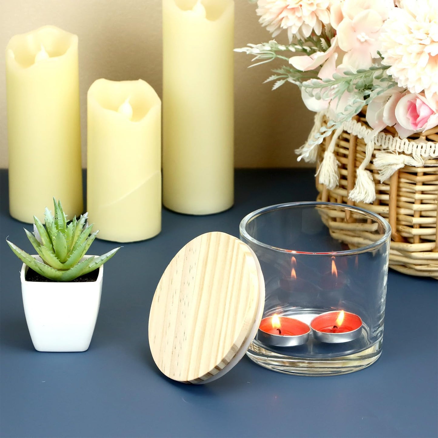 QWORK 16oz Clear Candle Jars with Lids, 6 Pack 3 Wick Glass Candle Containers, Thick Heat Resistant Glass Jars with Bamboo Lids