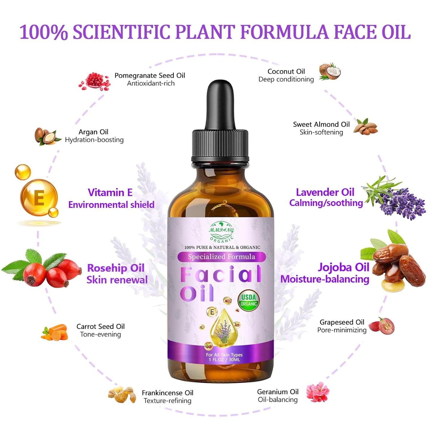 Organic Face Oil with Lavender, Rosehip, Frankincense, Pomegranate & Vitamin E - USDA Certified Cold Pressed 100% Natural Anti-Aging Facial Oil for Moisturizing, Brightening - 1oz / 30ml