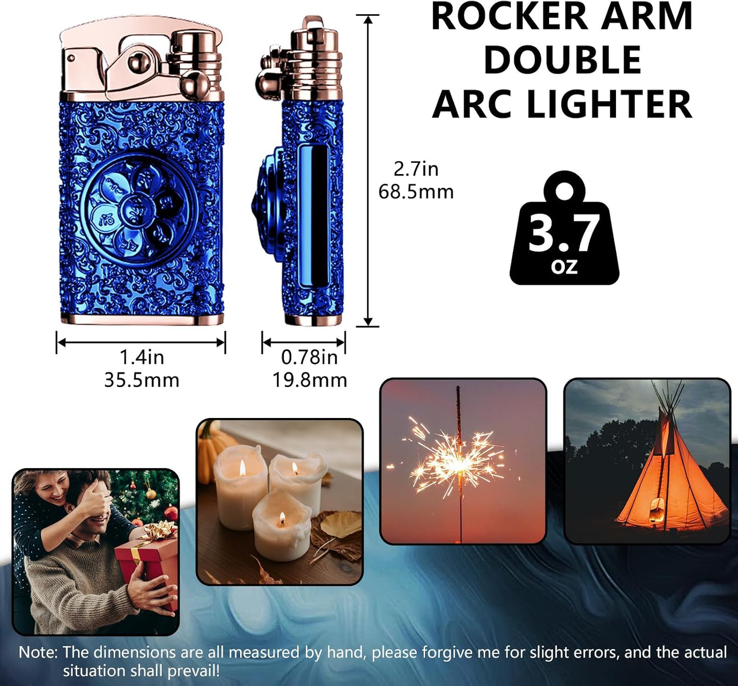 Electric Lighter Rechargeable Plasma Lighters Cool Lighter Windproof Lighters with Embossed Patterns Rocker Ignition Battery Display for Candle Outdoor Camping BBQ (Blue)