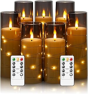 Eebuss Flameless Candles with Embedded Star String, Battery Operated LED Pillar Candles with Timer and Remote Control,Home Decorating for Ambiance， Set of 7(Grey)