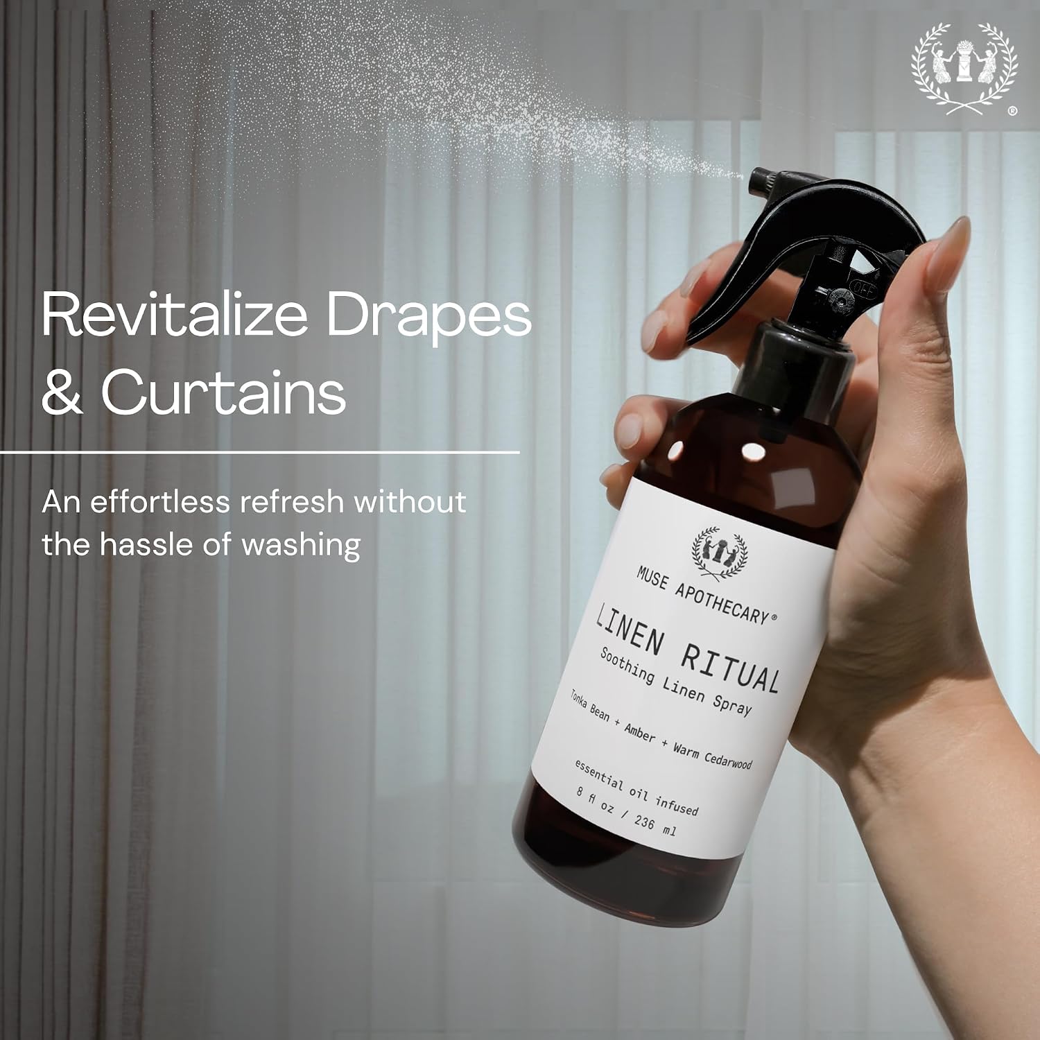 Muse Apothecary Linen Ritual - Aromatic, Soothing, and Relaxing Linen Mist, Laundry and Fabric Spray - Infused with Aromatherapy Essential Oils - 8 oz, Bergamot + French Lavender + Sandalwood