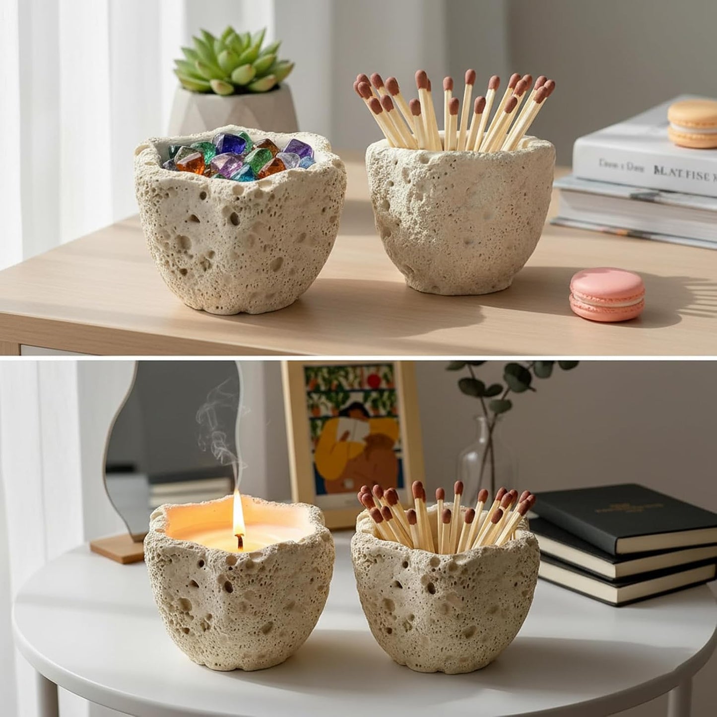 Modern Concrete Match Holder with Striker — Includes Three Striker Pads, a Decorative Match jar for Candles & Fireplace, Perfect for Matches in a jar with Striker Home Décor (Matches Not Included)