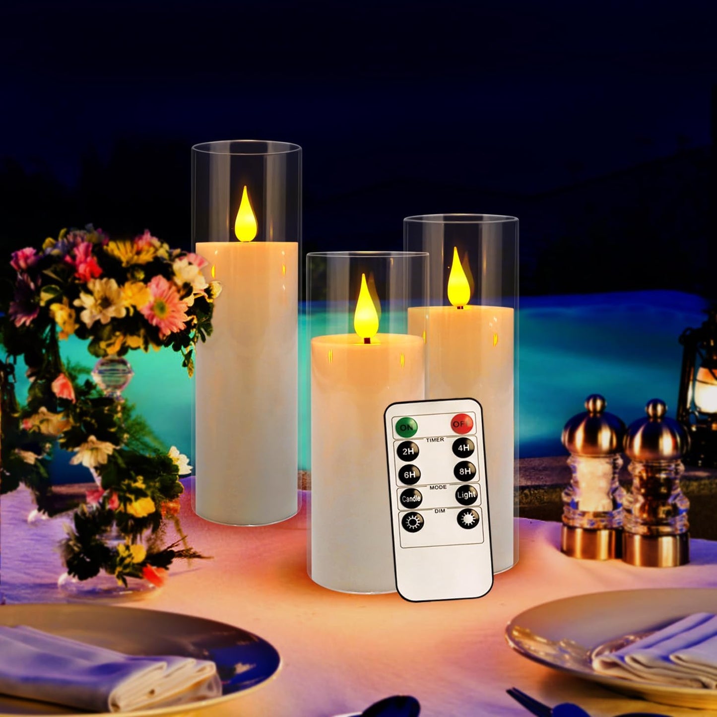 24 Pcs Acrylic LED Flameless Candles with 4 Remote,White,Flickering, Clear, Suitable for Wedding, Party, Home Decoration & Outdoor.