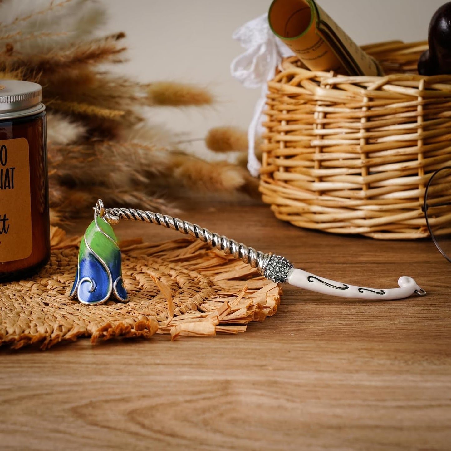 Candle Snuffer Extinguisher with Diamond Decoration Long Handle, Alloy Wick Flame Candle Put Out Tool Safely, Gift for Candle Lovers (Blue White)