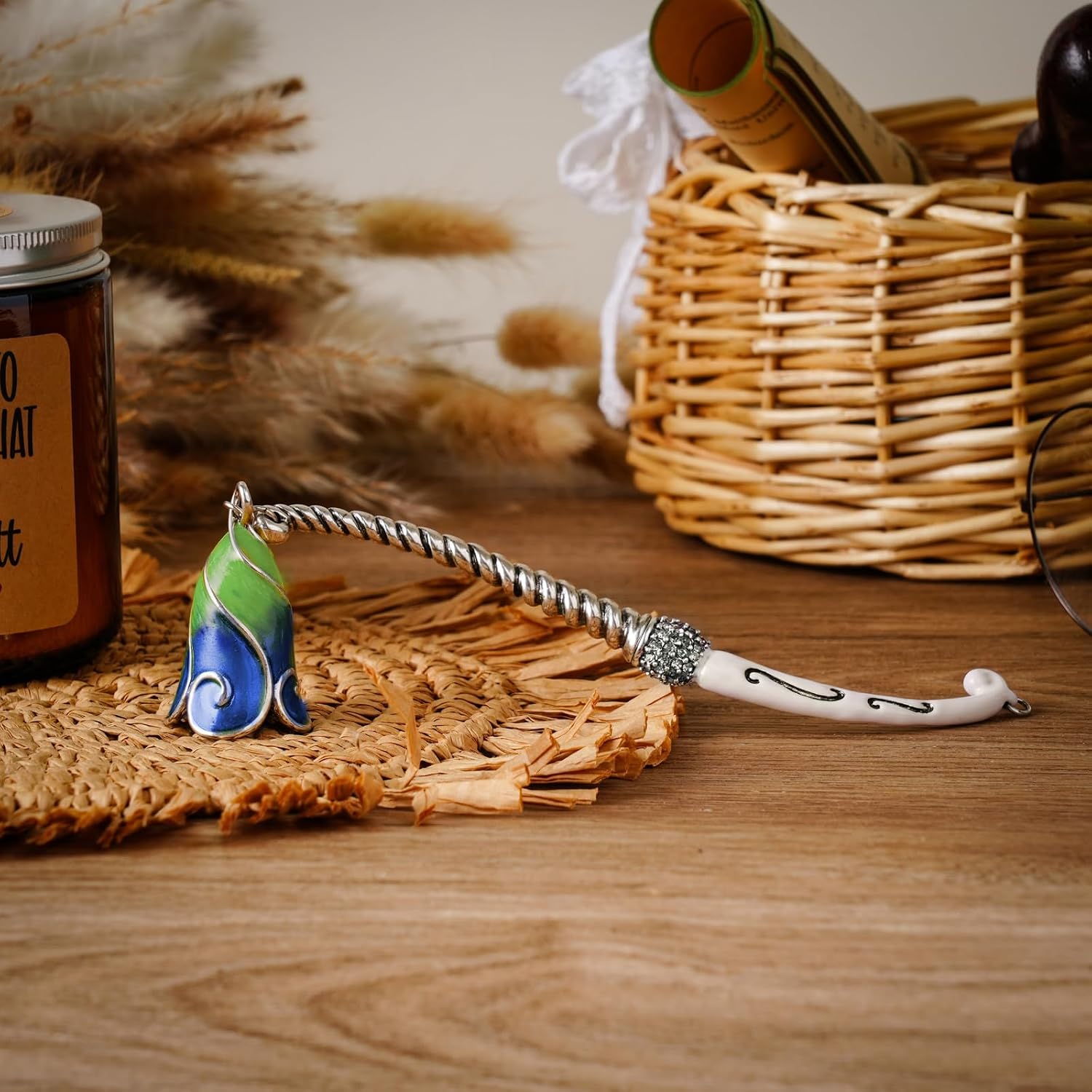 Candle Snuffer Extinguisher with Diamond Decoration Long Handle, Alloy Wick Flame Candle Put Out Tool Safely, Gift for Candle Lovers (Blue White)