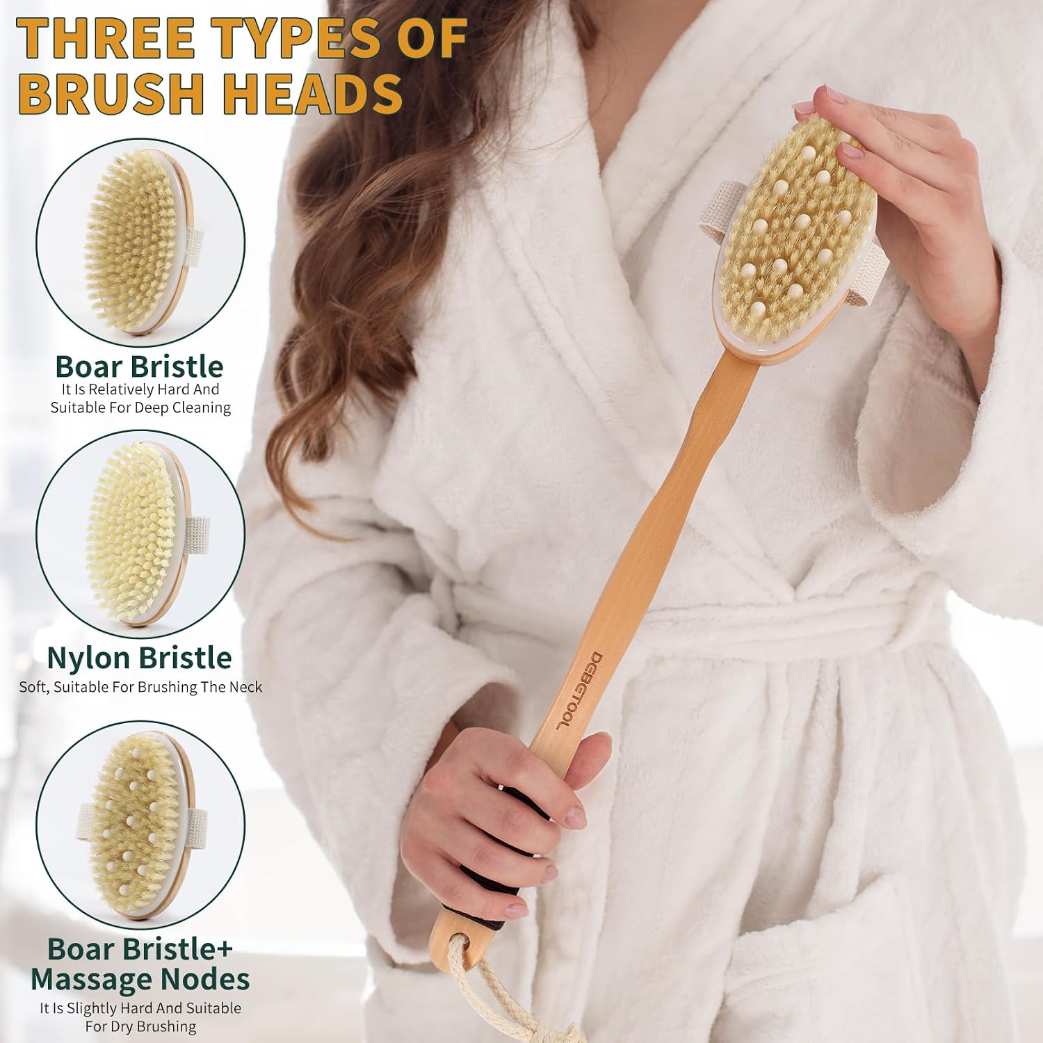 DEBETOOL Dry Brush Set for Body & Face - Dry Brushing Body Brush with Long Handle & 3 Replacement Heads (Soft/Medium/Firm) for Lymphatic Drainage Cellulite
