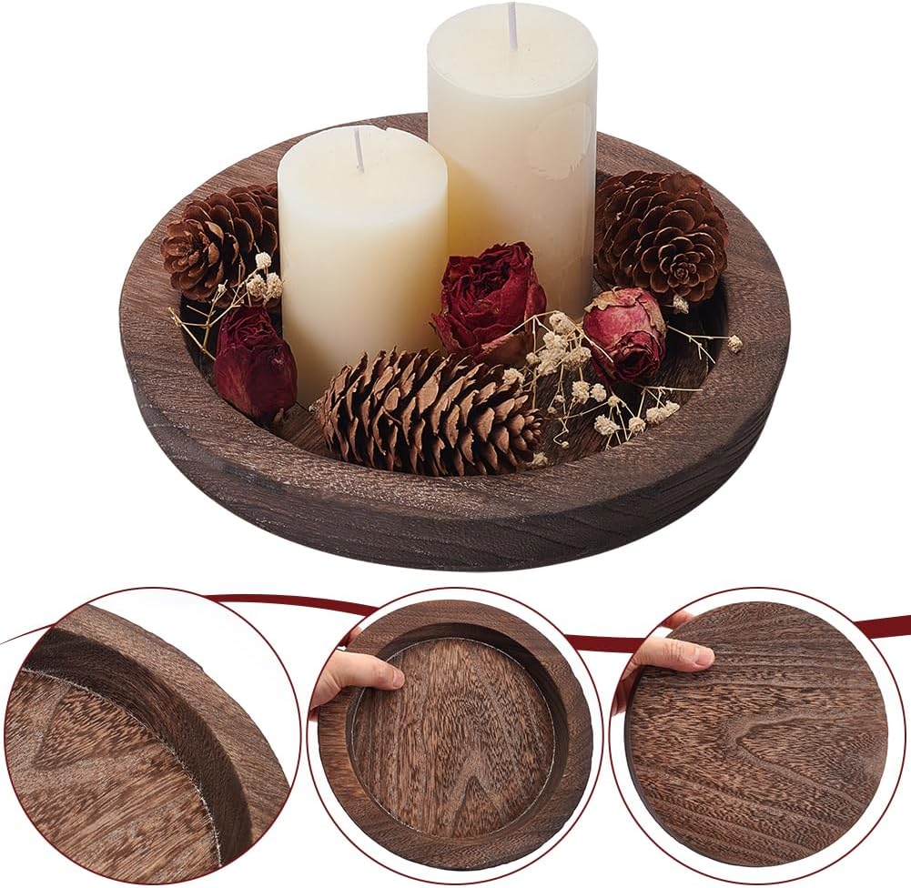 WADORN Wooden Decorative Tray Candle Holder, Round Wood Tray Home Decor for Farmhouse Kitchen Rustic Wooden Tray Candle Holder for Wedding Countertop Bathroom Coffee Christmas Table Decor, 8 Inch