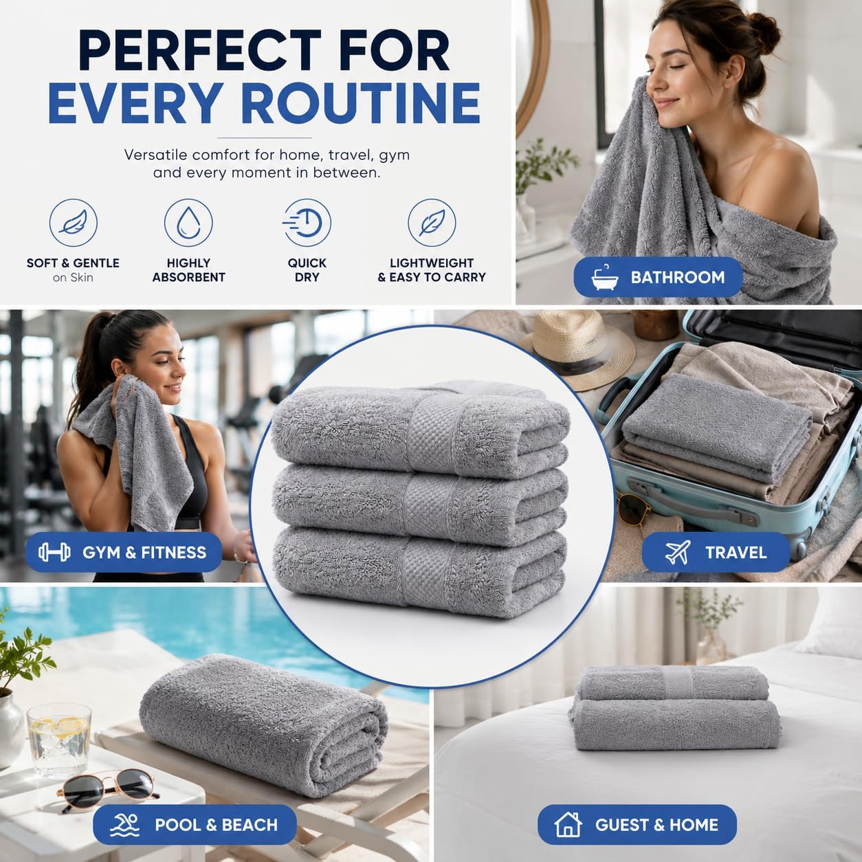 Grey Bath Towels 30x60 – Pack of 4 | Ulta Soft, Light Weight & Quick-Dry | Highly Absorbent 100% Combed Yarn Cotton Towels for Bathroom, Spa, Home & Hotel Use