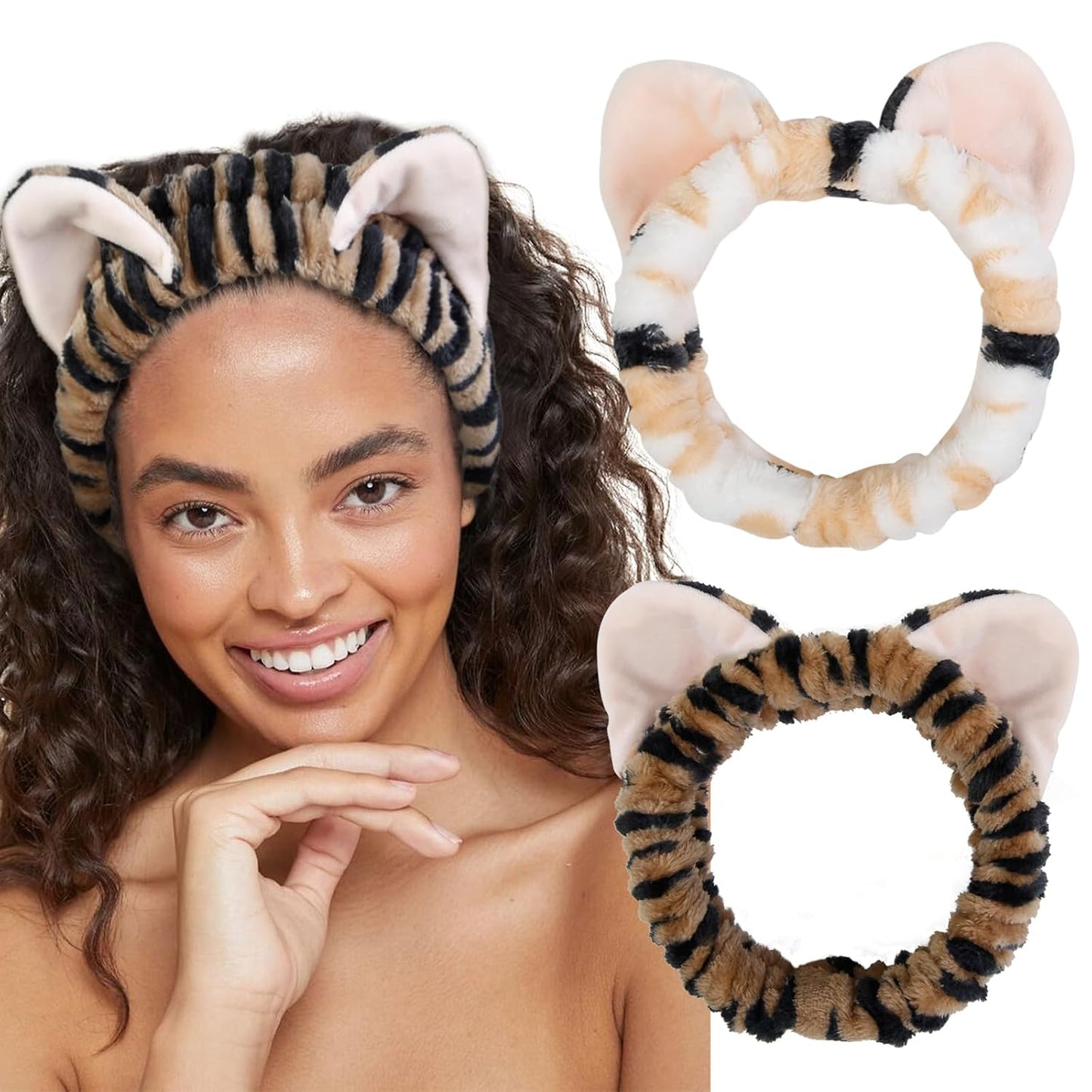 TEBIEKOY Plush Cat Ears Spa Headband For Washing Face Skincare Makeup, Elastic Animal Headbands for Women Girls Soft Coral Fleece Facial Wash Hair Accessories Trendy Stuff Gifts, 2PCS