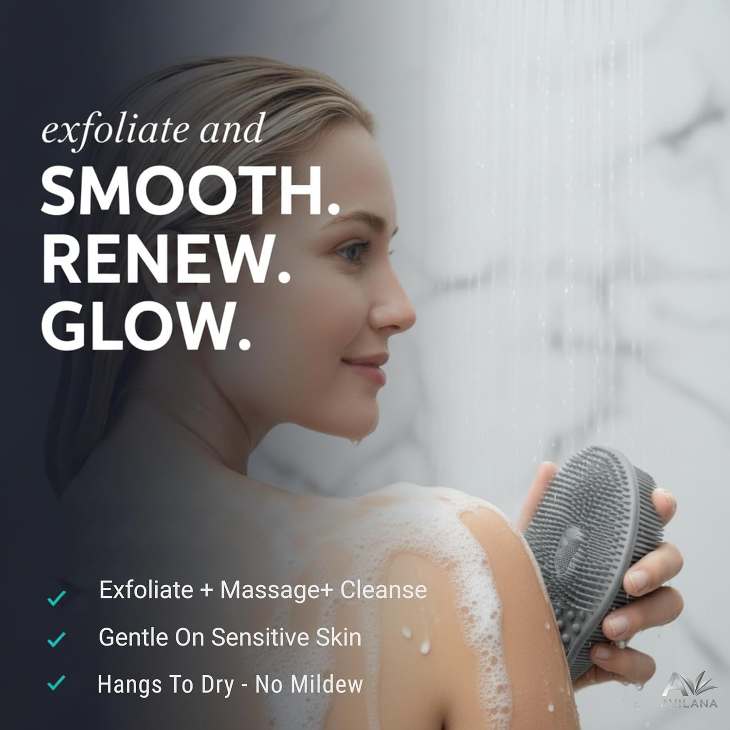 Avilana Premium Exfoliating Body Scrubber - Trusted Since 2017 - SGS Certified Silicone Bath Brush, Firm Bristles Smooth Rough Bumpy Skin Texture, Dual Sided Loofah Alternative Women Men Kids