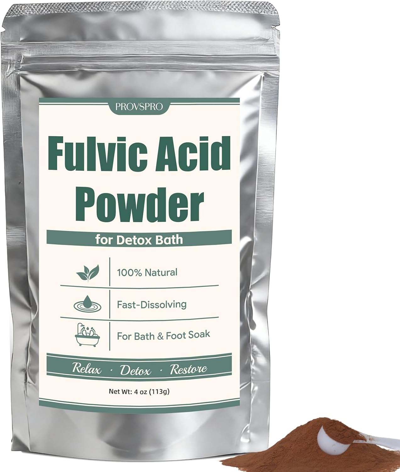 Fulvic Acid Detox Bath Powder, Natural Mineral Bath Soak for Foot & Body, Vegan Self-Care Spa Gift, No Additives, Gentle on Skin, Fast Dissolving, Includes 5g Scoop, Easy to Use, 4oz