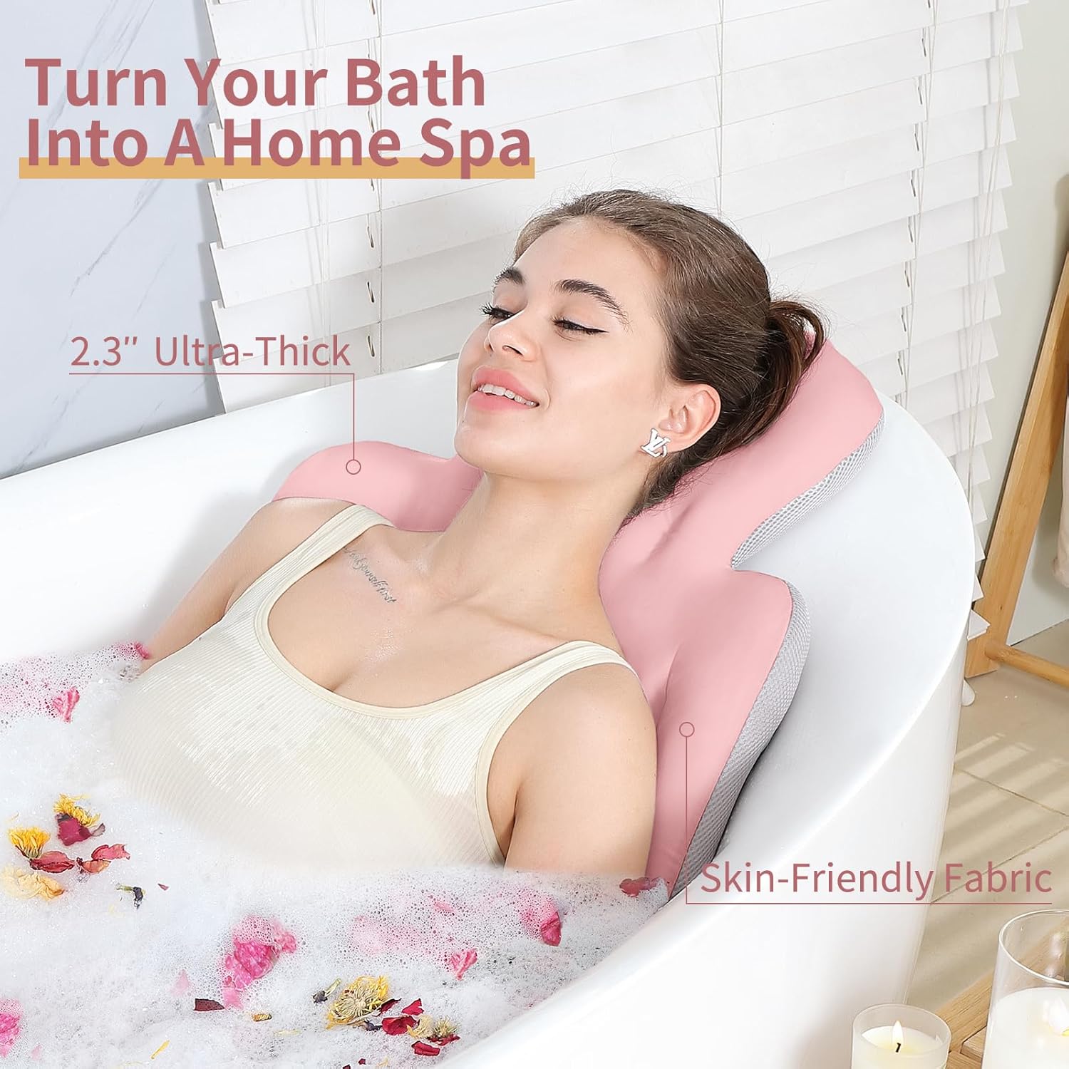 Luxury Bath Cushion, Full Body Bathtub Pillow with 160 Suction Cups, Bath Mat for Head and Neck Support, with Laundry Bag (​Light Pink, 51" x 16")