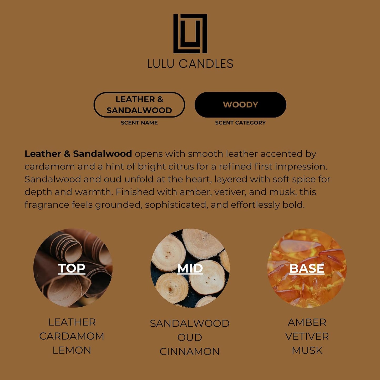 Lulu Candles | Leather & Sandalwood Scented Candle | Warm Sandalwood, Leather & Amber Fragrance | Luxury Soy Jar Candle | Highly Scented, Long Lasting Burn | Home Fragrance (9 Oz.)