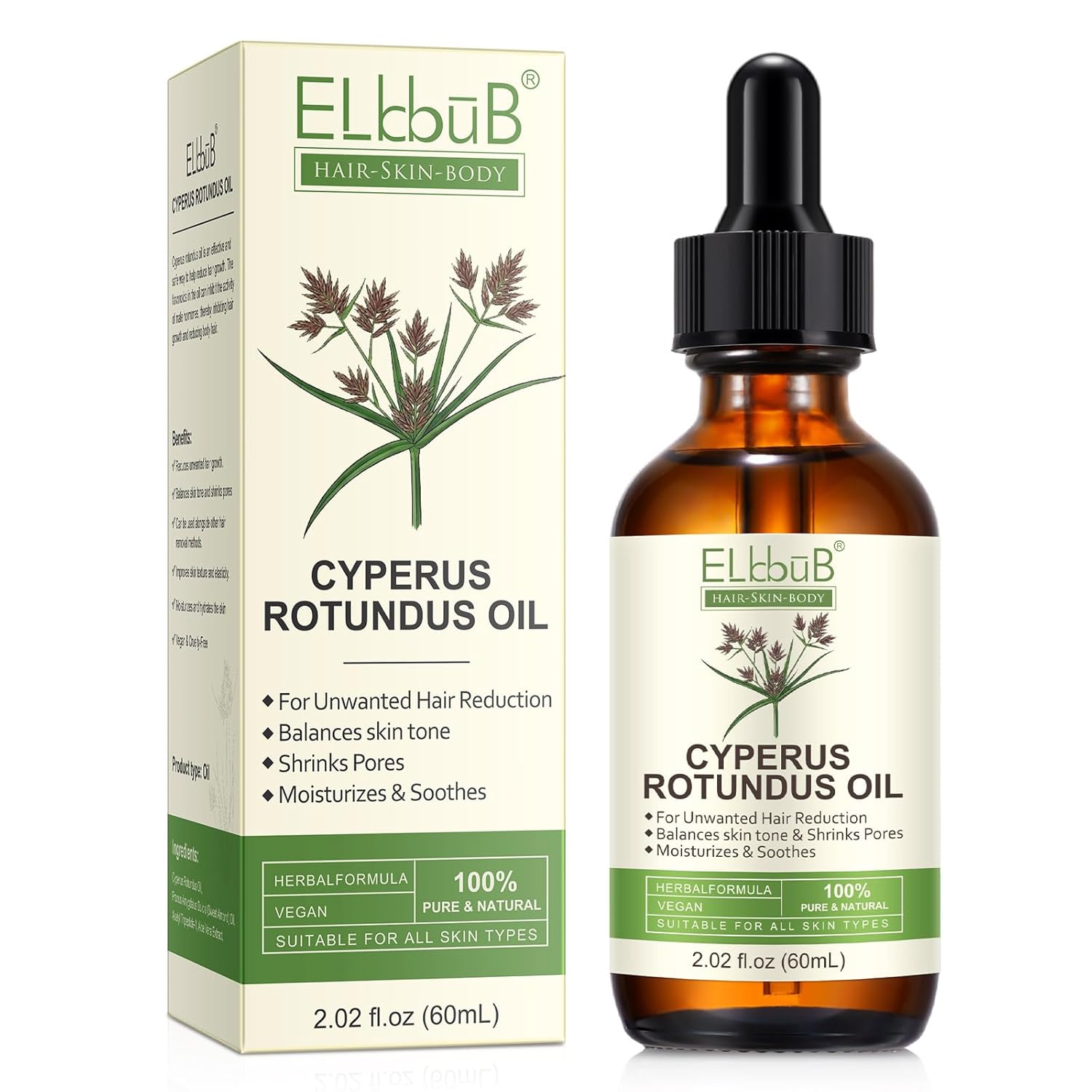 ELBBUB Cyperus Rotundus Oil - Natural Hair Minimizer & Post Shave Soothing Care - Enriched with Sweet Almond & Aloe - Gentle Moisturizing Body Oil for All Skin Types