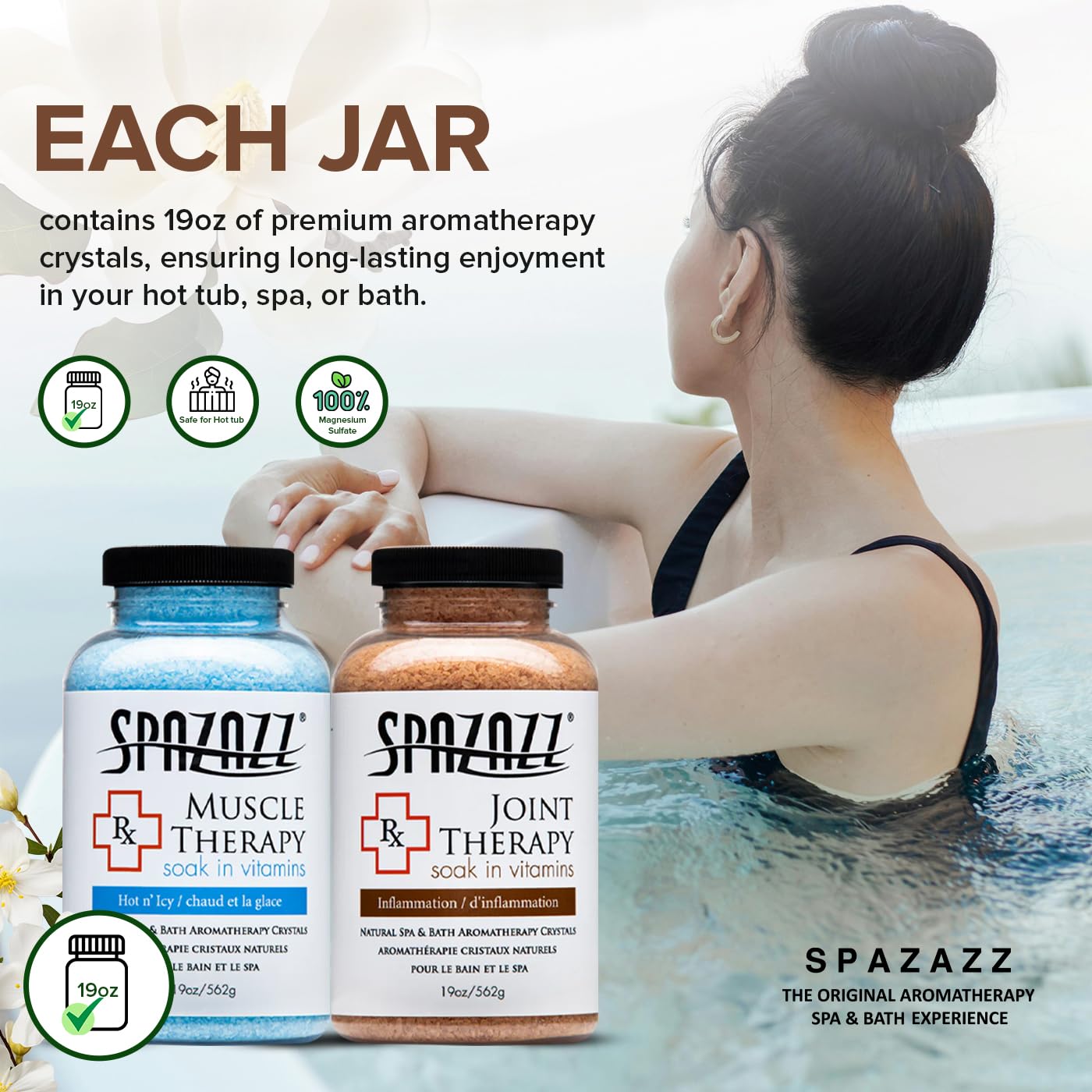 Spazazz Hot Tub Aromatherapy Spa and Bath Salts Crystals 2 Pack Bundle- One 19 Oz Jar Each Spazazz Muscle Therapy and Joint Therapy Plus a 5 Point Massager- Safe for All Spa and Hot Tub