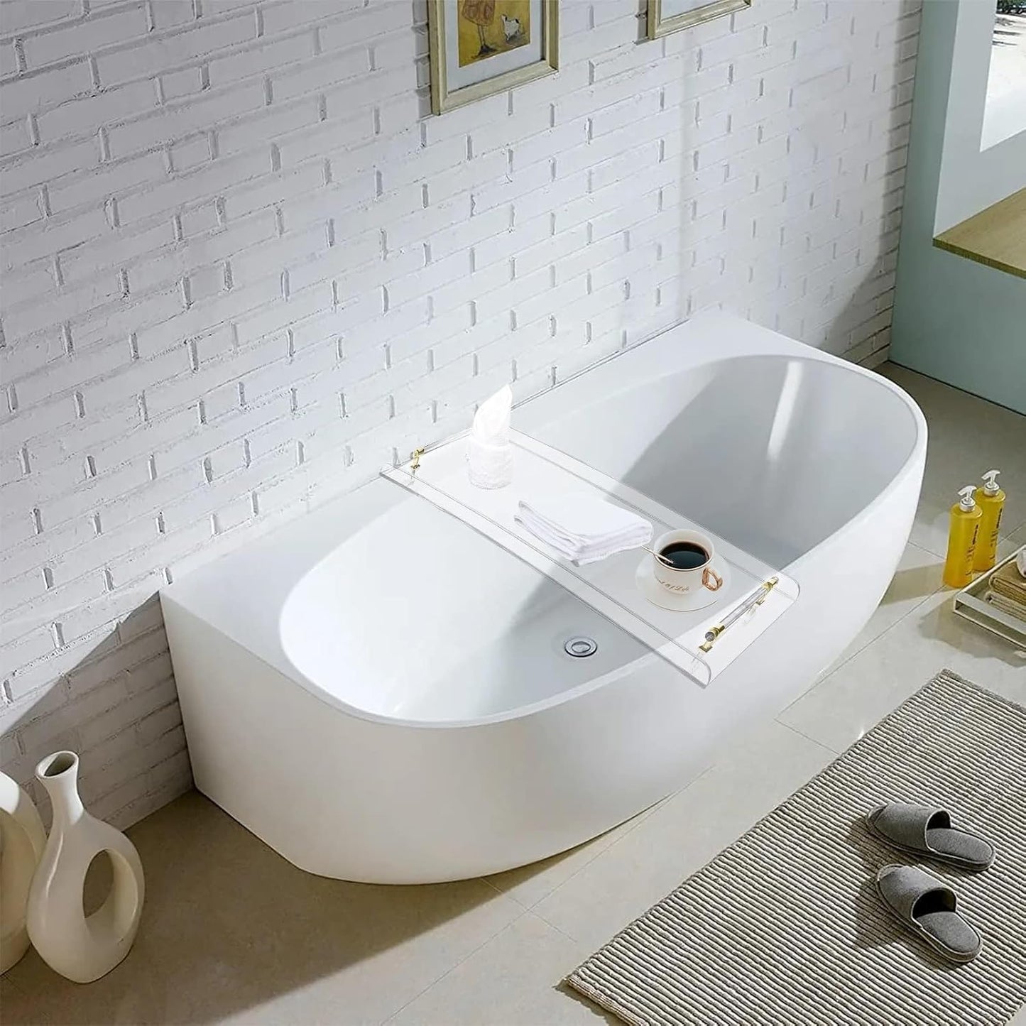 Acrylic Bathtub Caddy Tray Bathroom Rack, Clear Bath Shelf Table with Gold Handle, No-Assembly Bathtub Towel Tray, for Bathroom