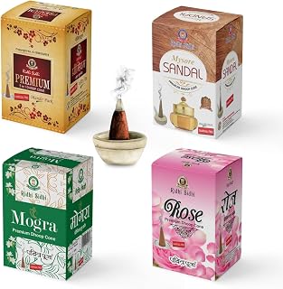 Natural Incense Cone | 5 in 1 Dhoop | Mogra | Sandal | Rose | Aromatherapy for Meditation Yoga Relaxation - Pack of 4