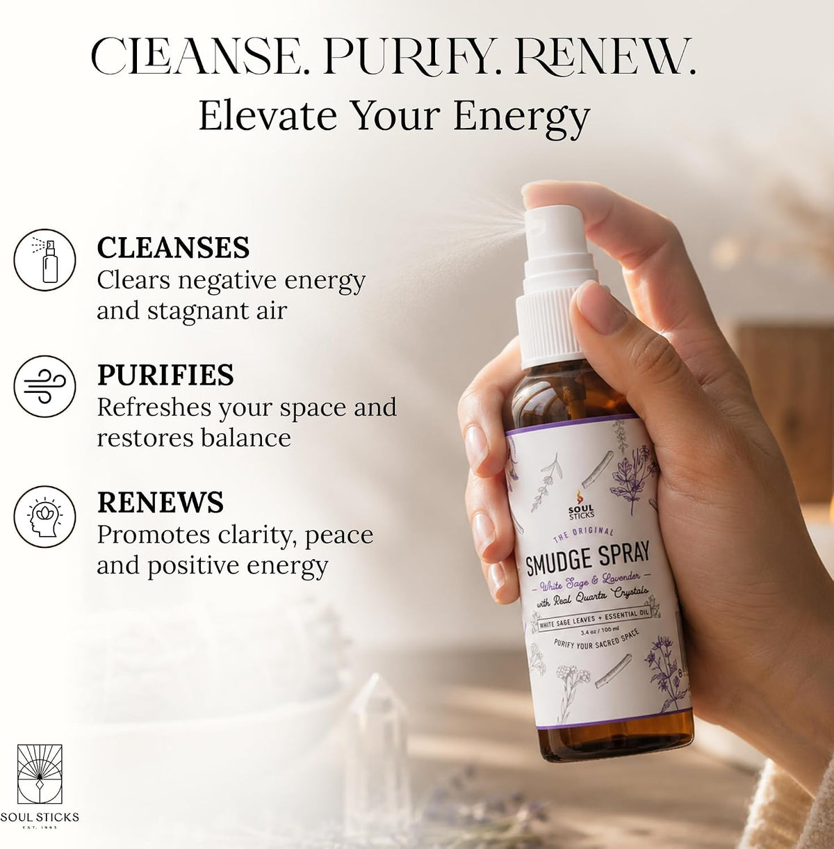 SOUL STICKS White Sage &amp; Lavender Smudge Spray – 3.5oz Smokeless Mist with Quartz Crystals – Calming Essential Oil Spray for Sleep, Stress Relief, Meditation, and Energy Cleansing