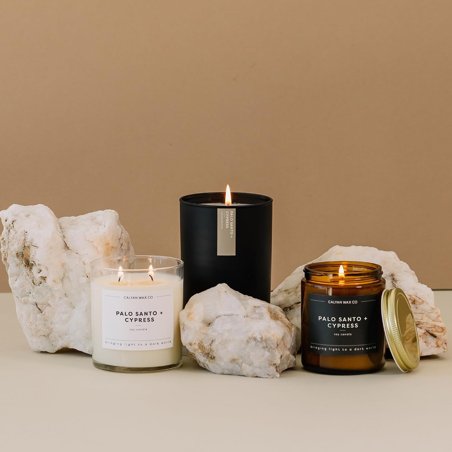 Calyan Wax Co. Palo Santo & Cypress Scented Candle - 57 Hour Burn - Luxury Clean Soy Wax Candles - Long Lasting Amber Glass Jar Candle for Home - 7.2oz