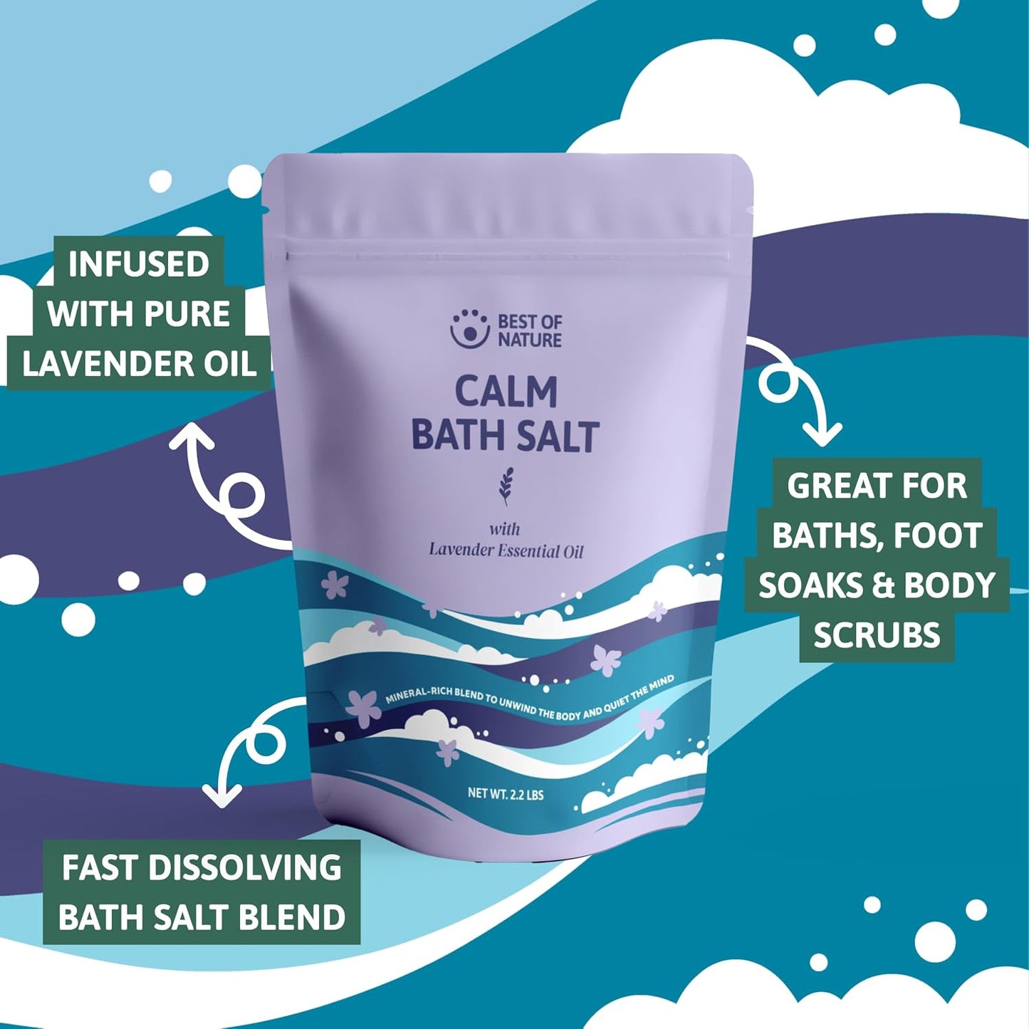 Best of Nature Calm Epsom Salt Bath Soak with Lavender Essential Oil, Mineral-Rich Bath Salts, Resealable Bag, 2.2 lb