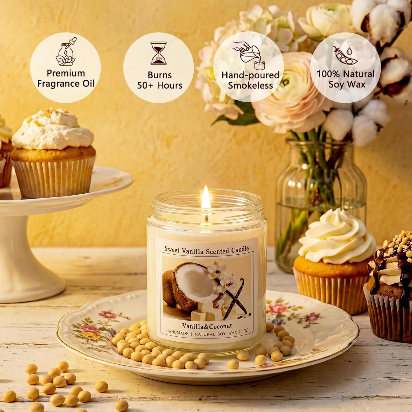 Homsolver Creamy Vanilla Coconut Scented Candle, Natural Soy Candles with 50+ Hours Burn Time, Anniversary Birthday Mothers Day Gifts for Women, Mom Wife, Warm&Soft Home Fragrance(Boutique Gifts Size)