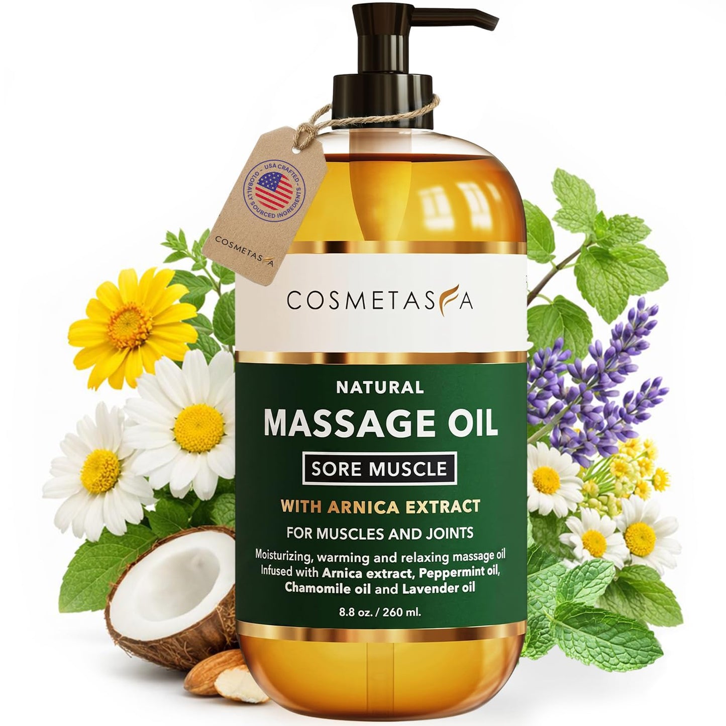 Cosmetasa Sore Muscle Massage Oil - 8.8 oz, Soothes Muscle and Joint with Arnica Extract, Peppermint, Chamomile, and Lavender Oil (8.8 oz, Sore Muscle)