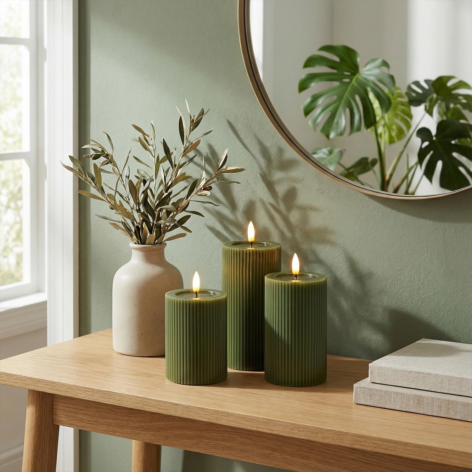 Fluted Ribbed LED Pillar Candles, Loden Green, with Reflective Melted-Wax Effect – Flickering Flame, Remote, Dimmable, Flameless, Battery Operated, Home & Wedding Decor (Set of 3)