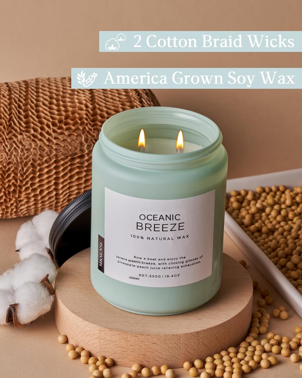 M&SENSE Candle Oceanic Breeze Scented, 19.4oz 110 Hour Long Lasting 2 Wick Pineapple & Mango Scent Natural Soy Candles for Home Scented for Stress Relief & Women/Men