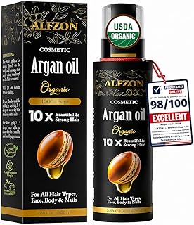 Moroccan Argan Oil 100% Pure USDA Organic Cold Pressed Unrefined – Deep Moisturizing Hair & Scalp Treatment for Dry, Damaged, Curly & Frizzy Hair – Face & Skin – 3.38 Fl Oz Glass Bottle