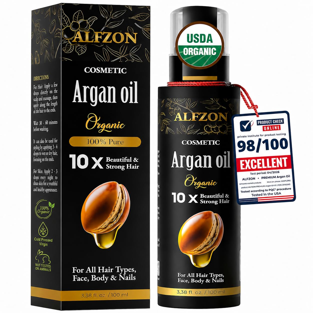 Moroccan Argan Oil 100% Pure USDA Organic Cold Pressed Unrefined – Deep Moisturizing Hair & Scalp Treatment for Dry, Damaged, Curly & Frizzy Hair – Face & Skin – 3.38 Fl Oz Glass Bottle