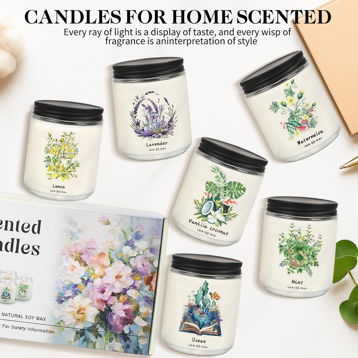6 Pack Scented Candles Gift Set for Women, Soy Wax Jar Candles for Home, 37.8 oz Total Up to 300 Hours Burn Time, Fresh Scents - Lavender Lemon Mint Ocean Watermelon Vanilla Coconut
