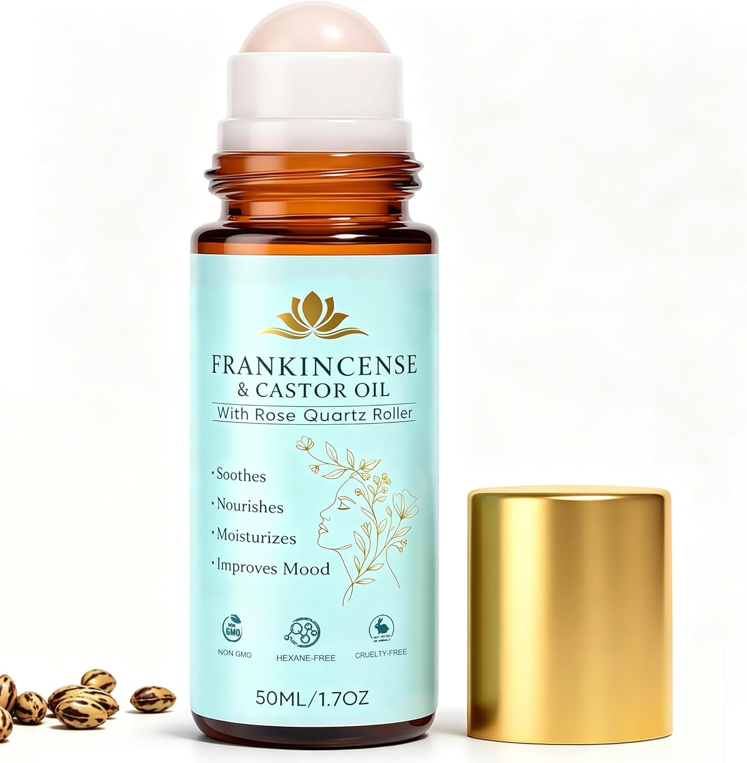 Frankincense and Organic Castor Oil with Rose Quartz Roller, 100% Pure Cold-Pressed, Organic Castor Oil Roll On Rose Quartz, Hexane-Free,Amber Glass Bottle for Skin 1.7 Oz./ 1PCS