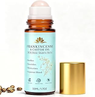 Frankincense and Organic Castor Oil with Rose Quartz Roller, 100% Pure Cold-Pressed, Organic Castor Oil Roll On Rose Quartz, Hexane-Free,Amber Glass Bottle for Skin 1.7 Oz./ 1PCS
