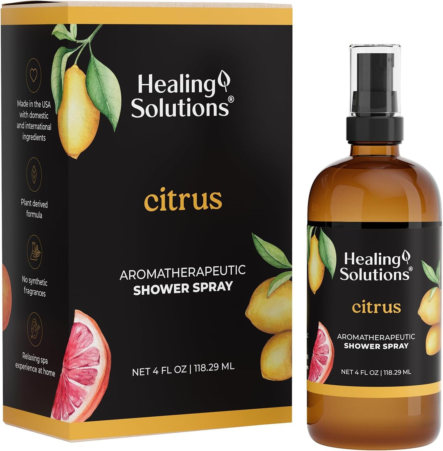 Healing Solutions Aromatherapy Shower Spray, Citrus, 4oz, Therapeutic Grade Essential Oils, Made in the USA, At Home Spa Experience (4oz, Citrus)