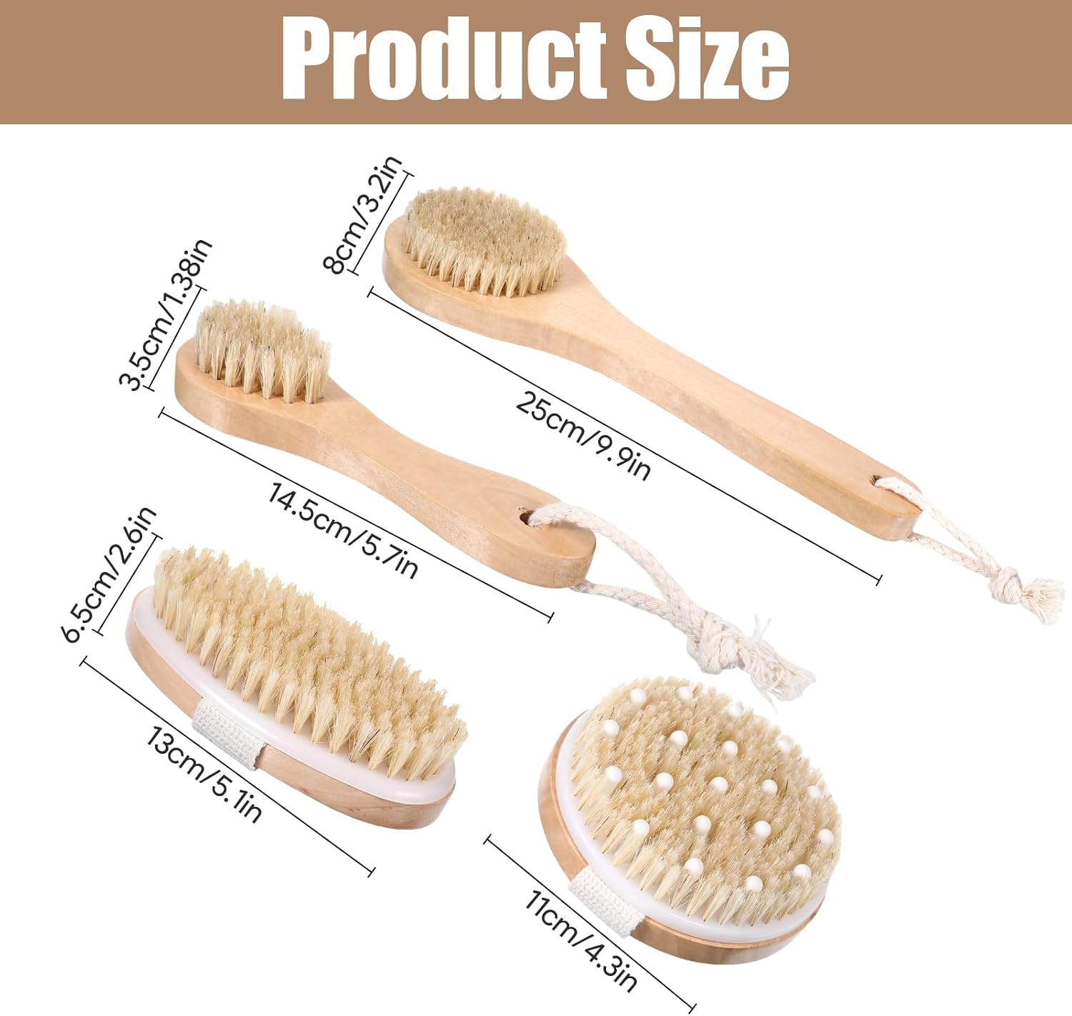 4PCS Dry Brushing Body Brush Set, Bamboo Dry Brush for Exfoliating Body Face, Boar Bristle Face Cleansing Shower Back Scrubber Brushes