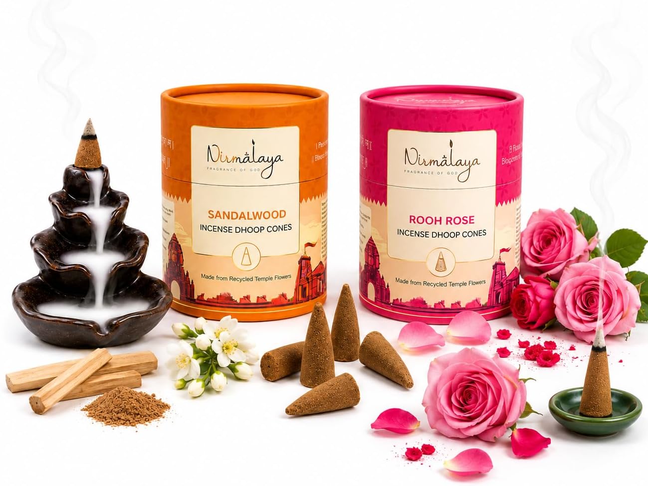 Nirmalaya Premium Bambooless Sandalwood & Rose Backflow Incense Dhoop Cones | Pack of 2 (120 Cones) | Made from Sacred Temple Flowers | Charcoal Free | 25 Min Burn Time