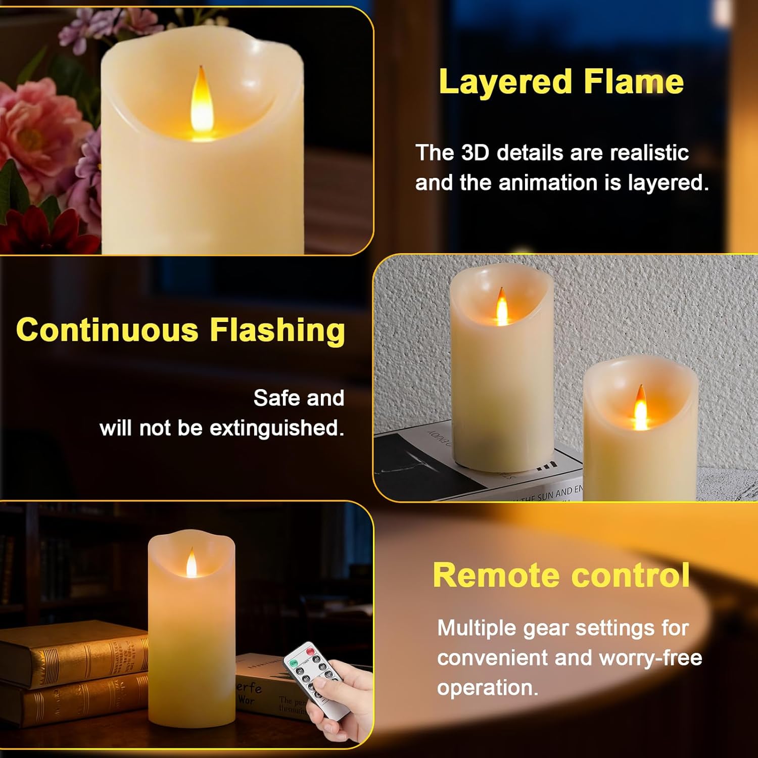 Autbye Rechargeable Flameless Candle, Realistic 3D Flickering Warm Flame, LED Candle with Remote Control & Timer for Holiday, Wedding, Patio and Home Decoration
